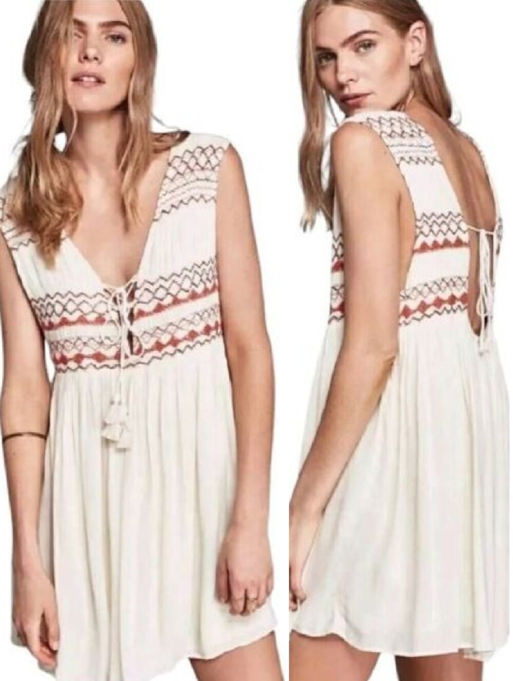 Free People Ivory Red Embroidered Sleeveless Lace Up Mini Dress SZ XS